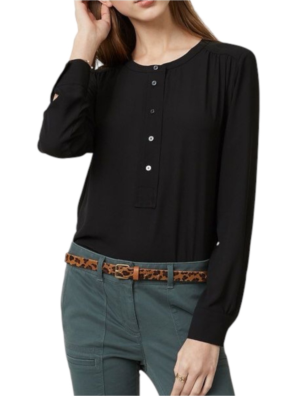 Ann Taylor LOFT Sz MEDIUM Classic Black Long-Sleeve Henley Blouse Top Office